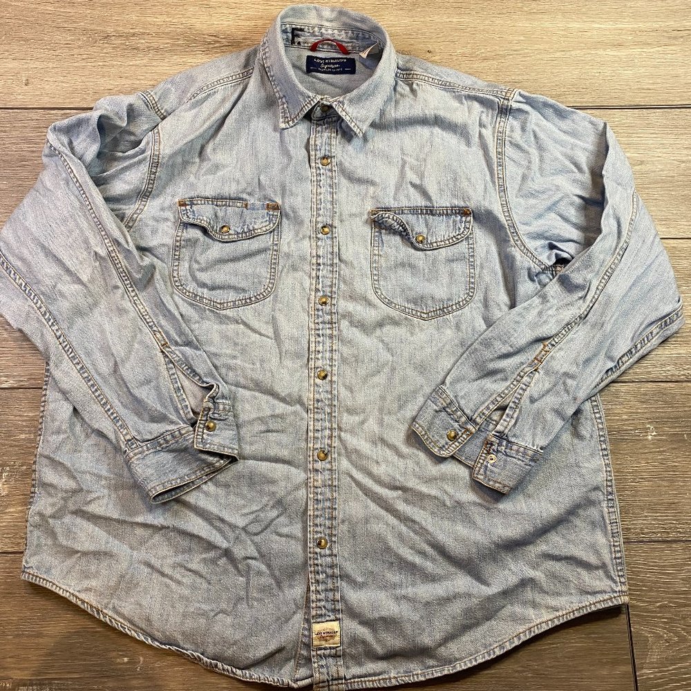 Levi Strauss Signature Premium Shirt Denim Cotton XL Light Wash Pearl Snap